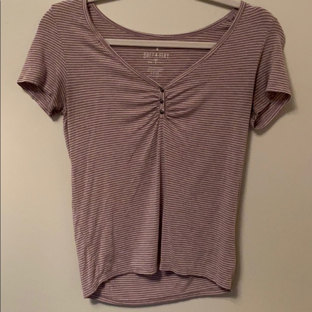 Lavender/white striped v-neck